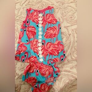 Lilly Pulitzer Pink and Blue Flamingo Baby Dress with ruffle bloomers 12-18m